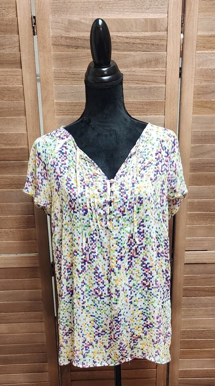 Liz Claiborne Vintage Multicolored Short Sleeve Polka Dot V-Neck XL Sheer Blouse